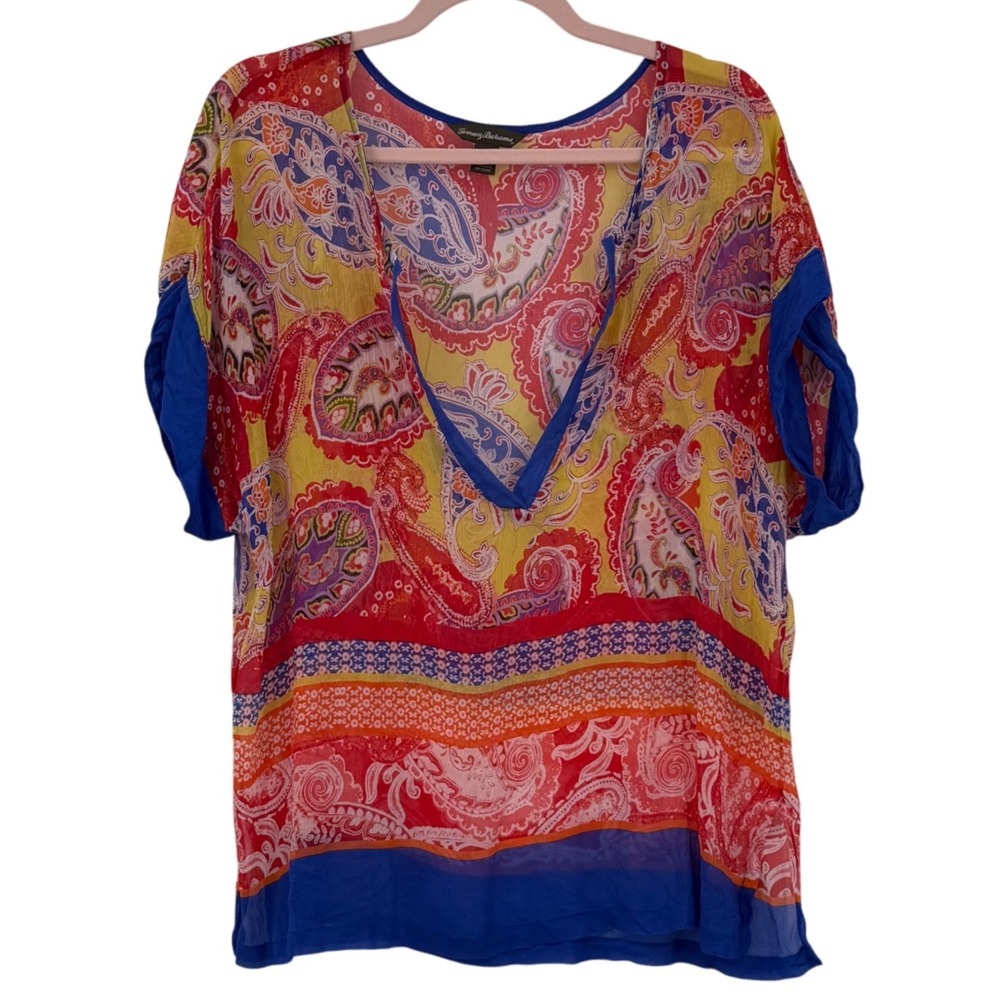 Tommy Bahama Tunic Women Large Multi Paisley 100% Silk V-Neck Short Sleeve Sheer